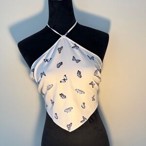 H&M Butterfly Print Halter Crop Top - White